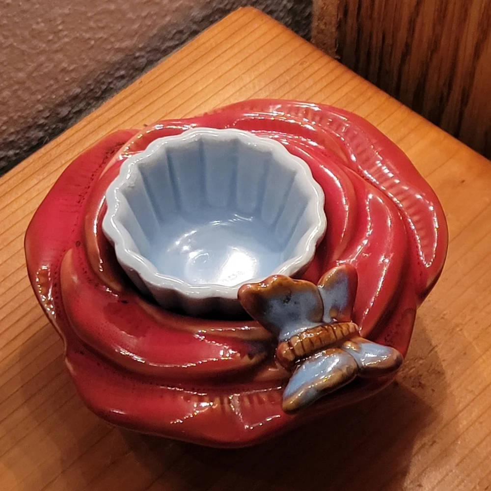 Vtg Ceramic Butterfly Flower Votive Candle Holder Removable Inner Ceramic Liner